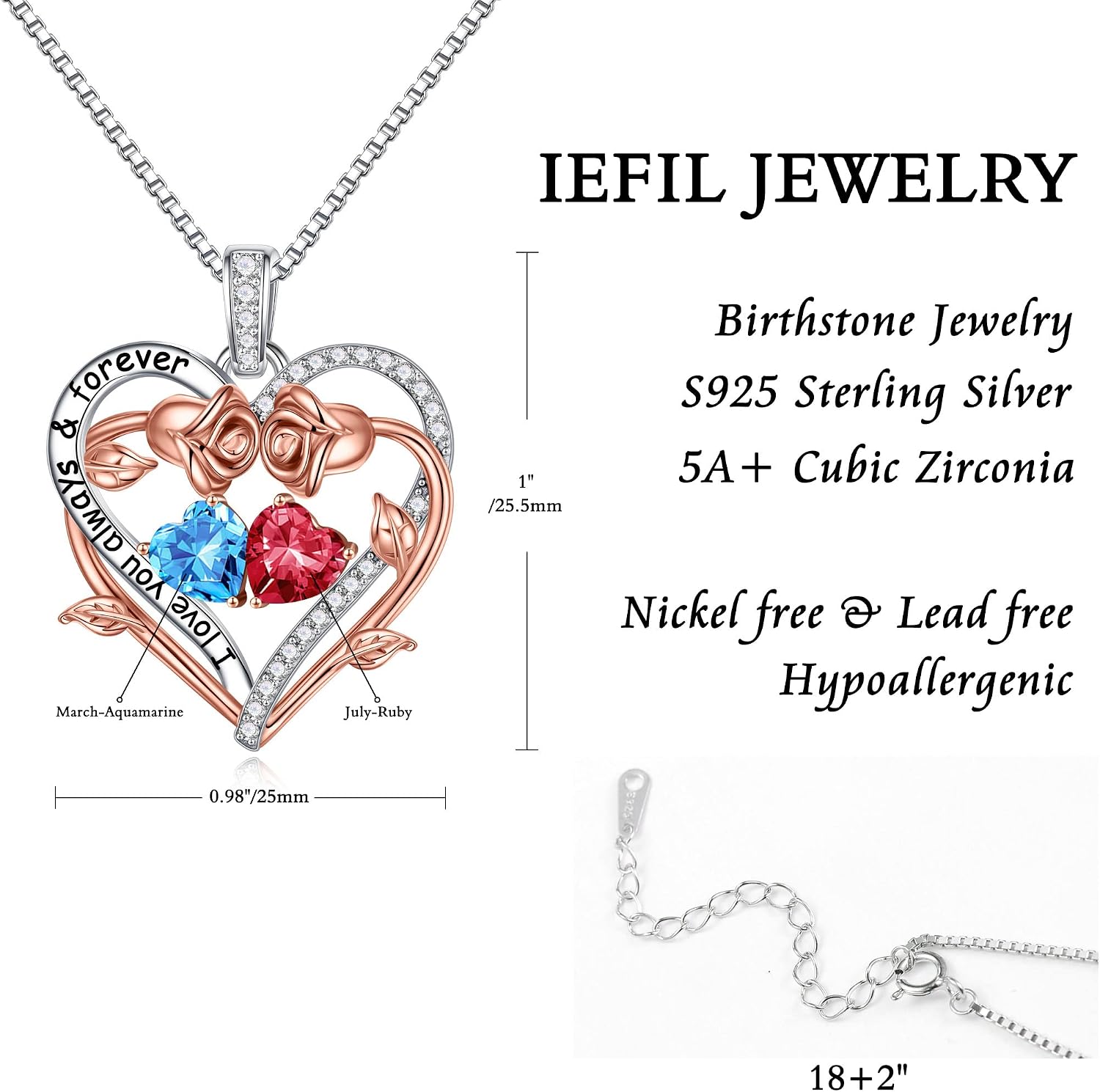 Iefil Rose Heart Double Birthstone Necklace Gifts for Wife Girlfriend Her Women, Birthstone Jewelry Gemstone Birthday Gifts for Mom Grandma Her Wife Women