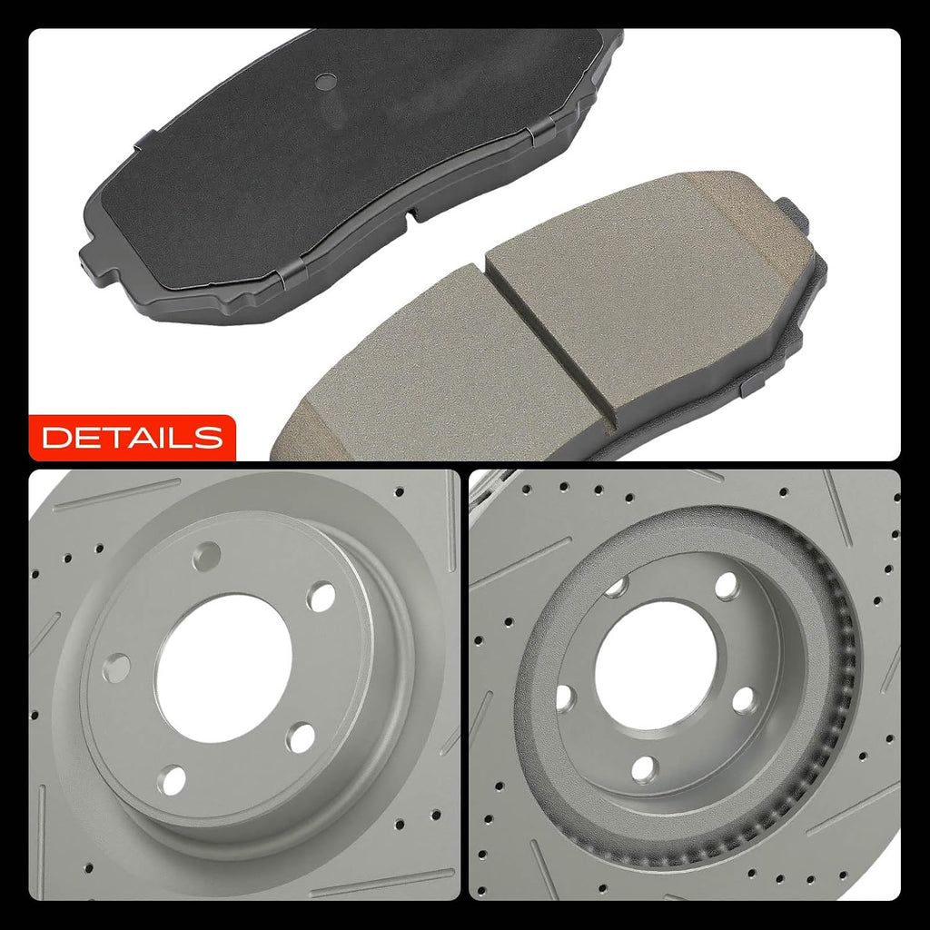 A-Premium Front and Rear Drilled and Slotted Disc Brake Rotors + Ceramic Pads Kit Compatible with Select Ford and Lincoln Models - Edge 2011-2014, MKX 2011-2015, 12-PC Set