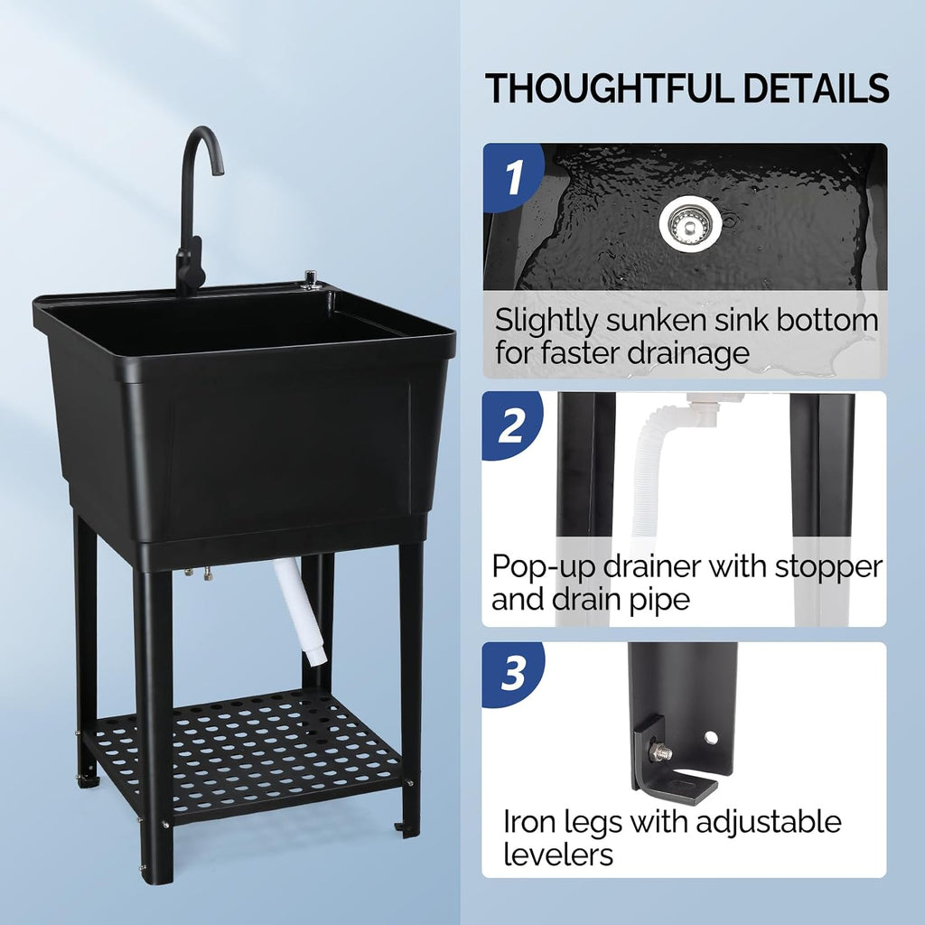 VINGLI 21-Gallon Utility Sink Laundry Tub for Washing Room, 23.6'×23.6'×36.2' Freestanding Utility Sink with Stainless Steel Faucet, Black