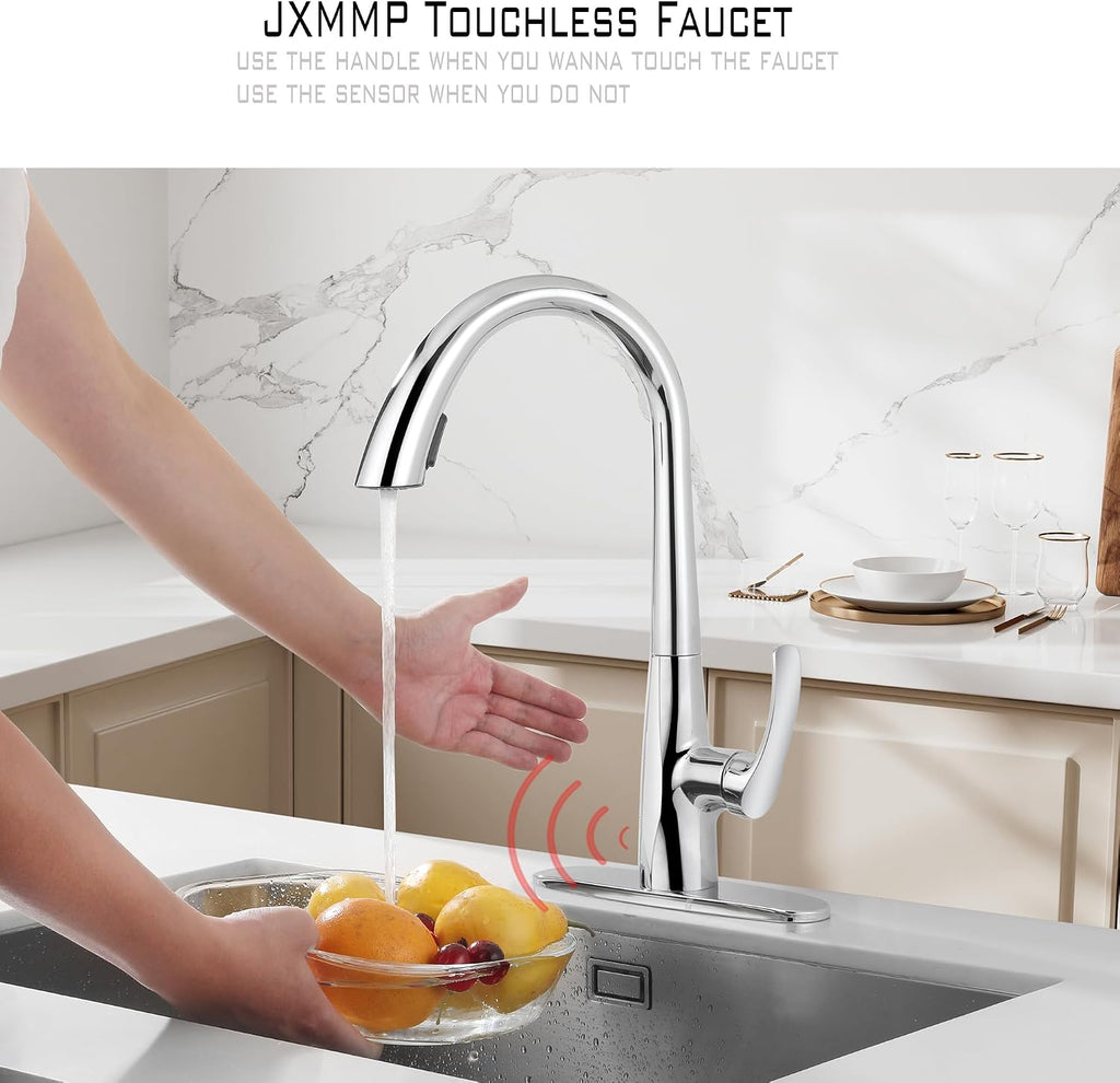 Chrome Kitchen Faucet with Pull Down Sprayer Single Hole, Motion Sensor Touchless Single Handle Kitchen Sink Faucet, Stainless Steel Hand Free Sink Faucet for Kitchen 1 or 3 Hole