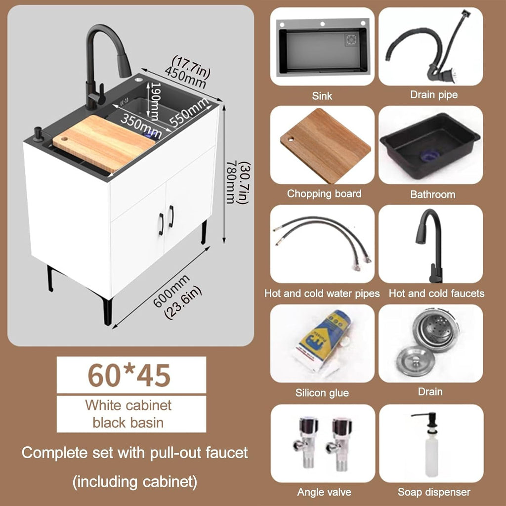 Cabinet Stainless Steel Sink with Storage,Commercial Kitchen Sink with Pull-Out Faucet,Bathroom Sink with Black Faucet and Storage Shelves,for Kitchen,Restaurant,Outdoor,Laundry