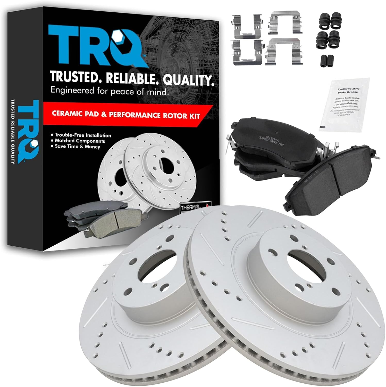 TRQ Performance Front Ceramic Brake Pad and Rotor Set Drilled Slotted Coated Compatible with 14-18 Subaru Forester 2.5i 11-14 Subaru Impreza WRX 13-14 Outback 2.5i 13-14 Legacy 2.5i