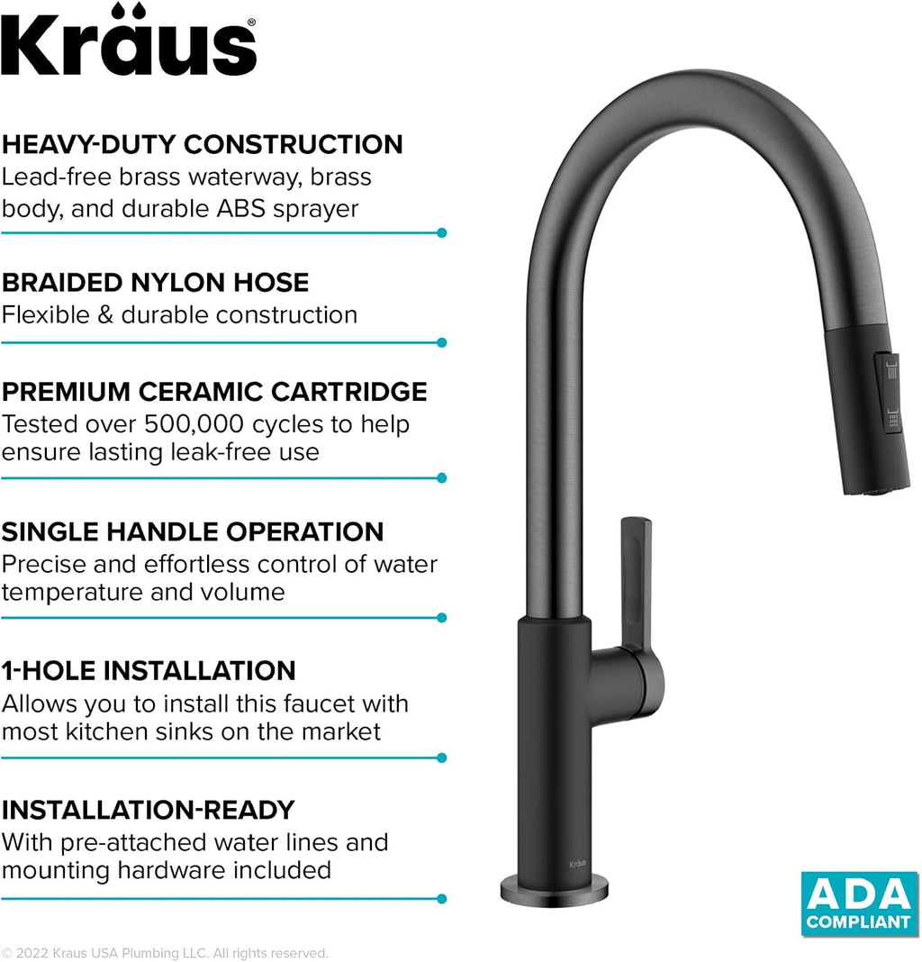 KRAUS Oletto High-Arc Single Handle Pull-Down Kitchen Sink Faucets in Spot Free Black Stainless Steel, Kitchen Faucets with Pull Down Sprayer, KPF-2820MBSFSB