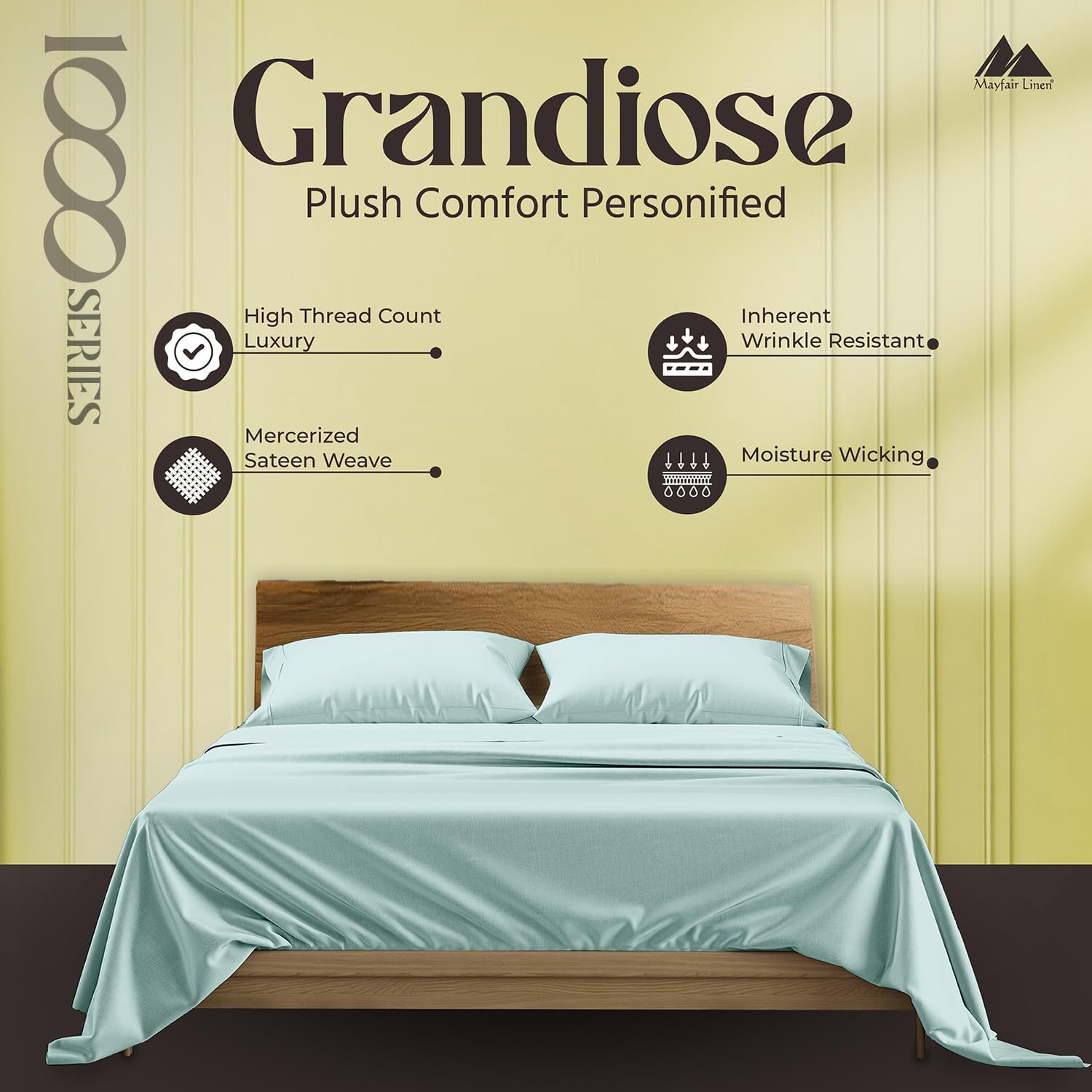 Mayfair Linen 100% Egyptian Cotton Split King Sheet Sets for Adjustable Bed - Luxury 1000 Series Grandiose Collection Split Top King Sheet Set (5 PC, Sea Foam), 16' Deep Pocket Soft Hotel Sheets
