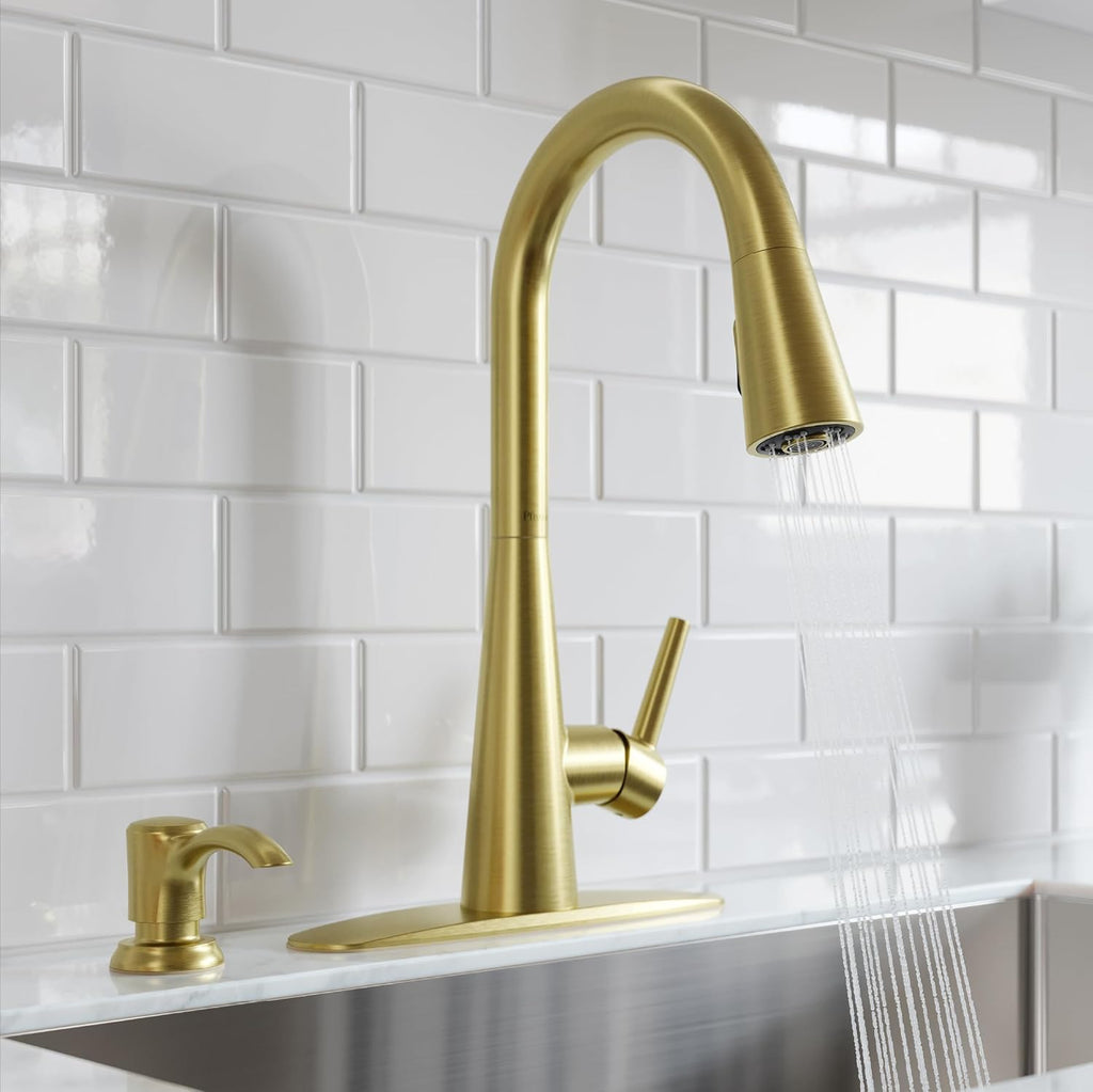 Pfister Barulli Kitchen Faucet with Pull Down Sprayer and Soap Dispenser, Single Handle, High Arc, Brushed Gold Finish, F5297BARBG