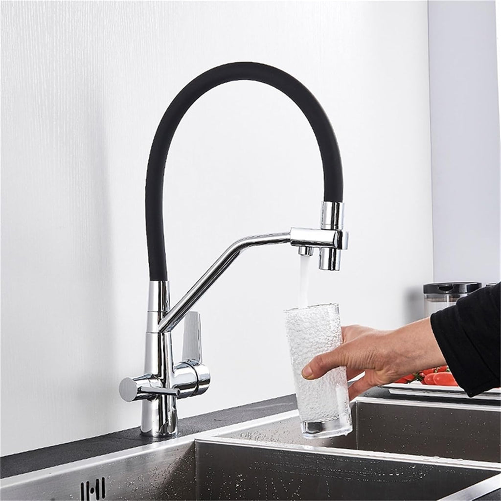 Filter Purification Flexible Rotated Kitchen Faucet Dual Spout Dual Handles Mixer Tap Hot and Cold Pure Water Mixer(Chrome B)