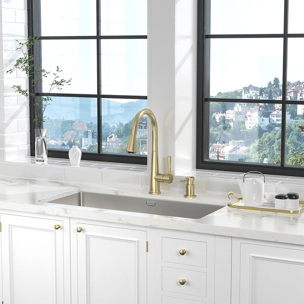 Lava Odoro Brushed Gold Kitchen Faucet with Pull Down Sprayer, Modern Single Handle Kitchen Sink Faucet, Gold Faucet for Kitchen Sink with Magnetic Docking Sprayer and Deck Plate, KF321-SG