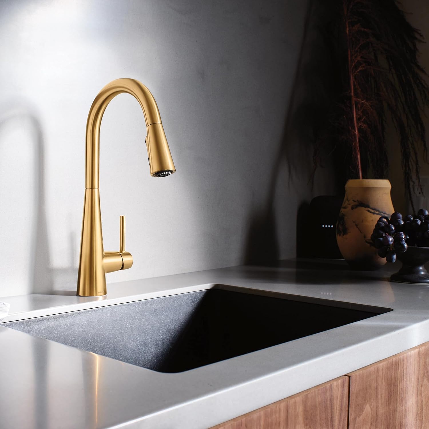 Moen Sleek Brushed Gold One-Handle, Single-Hole Pulldown Kitchen Faucet with PowerBoost Technology for Faster Water Flow, 7864BG