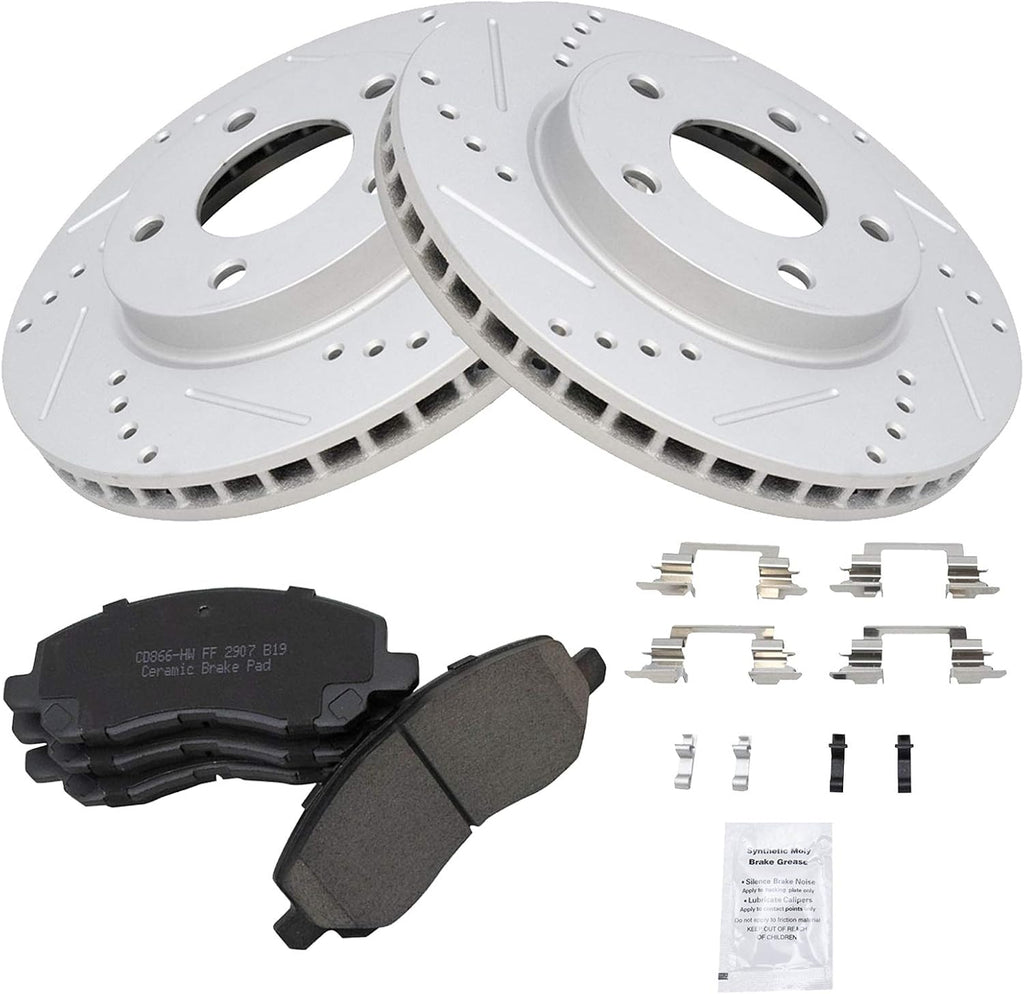 TRQ Performance Front Brake Pad and Rotor Set Ceramic Coated Drilled Slotted Vented Rotors Compatible with 2007-2012 Dodge Caliber 2008-2017 Mitsubishi Lancer