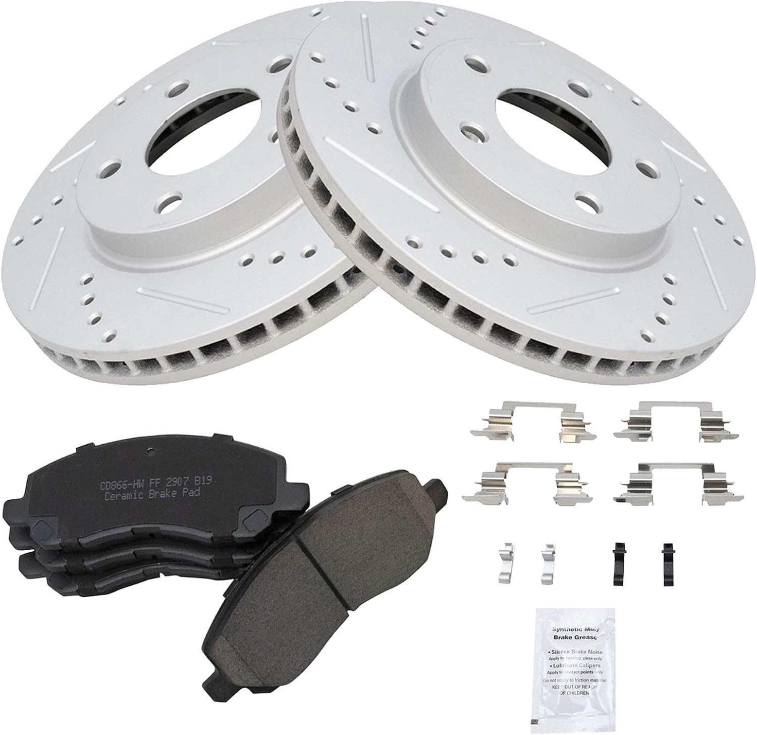TRQ Performance Front Brake Pad and Rotor Set Ceramic Coated Drilled Slotted Vented Rotors Compatible with 2007-2012 Dodge Caliber 2008-2017 Mitsubishi Lancer