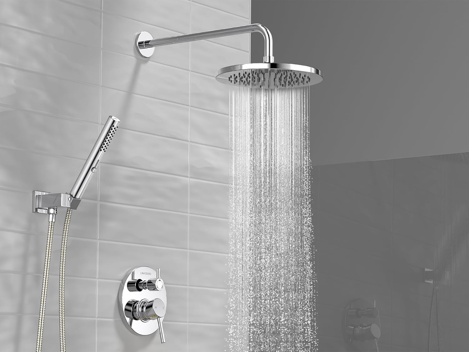 Lava Odoro Modern 2-Setting Round Rain Shower System with Handheld Spray, Chrome Rainfall Shower Faucet Set Rain Shower Head and Handle Set, Shower Valve Trim Kit,10 Inch, Chrome, SF104-C