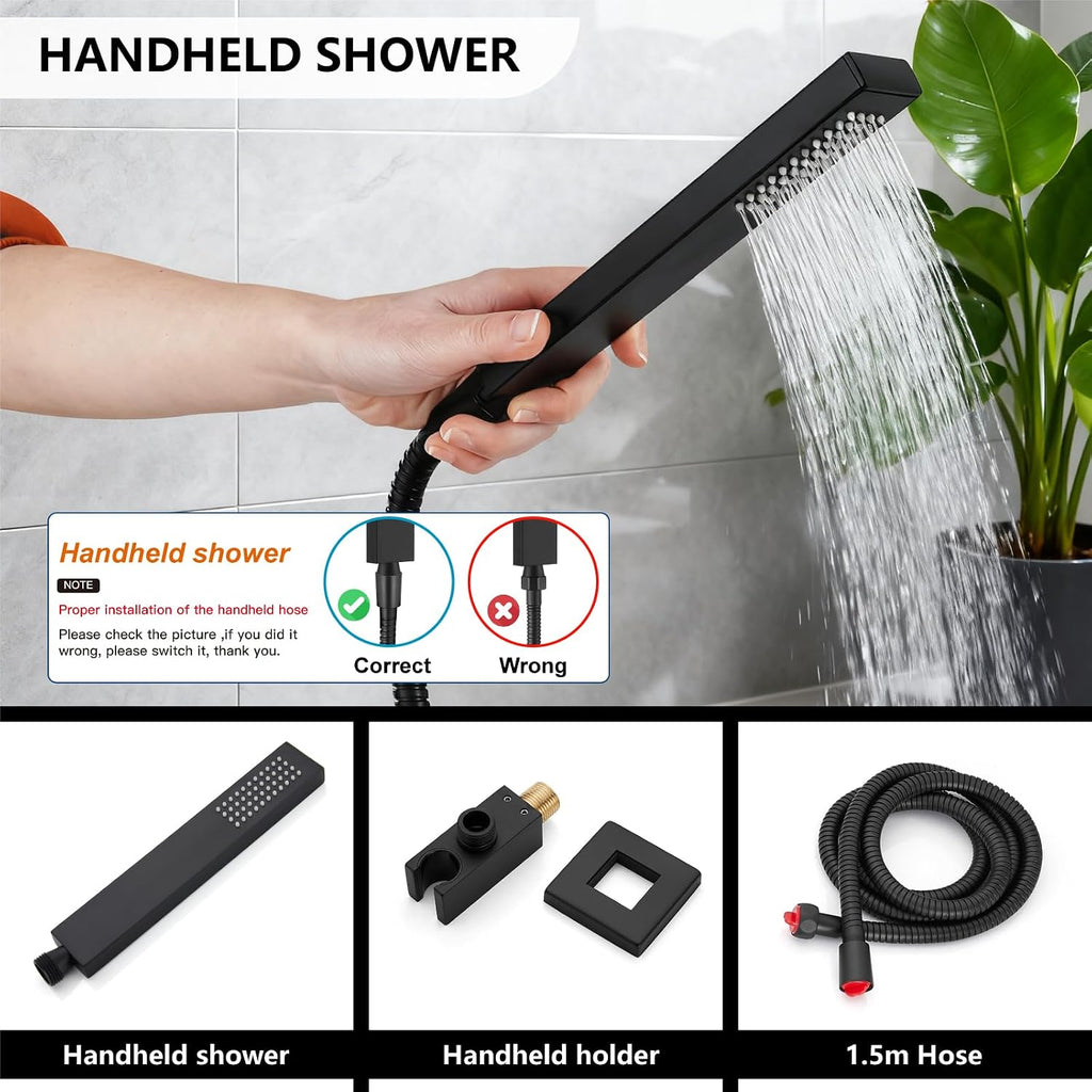 Midanya Rain Shower System Tub Shower Faucet Set Square Rainfall Waterfall Shower Head with Handheld Sprayer Tub Spout Combo Wall Mounted bathtub faucet set Rough-in Valve, 10 Inch Matte Black