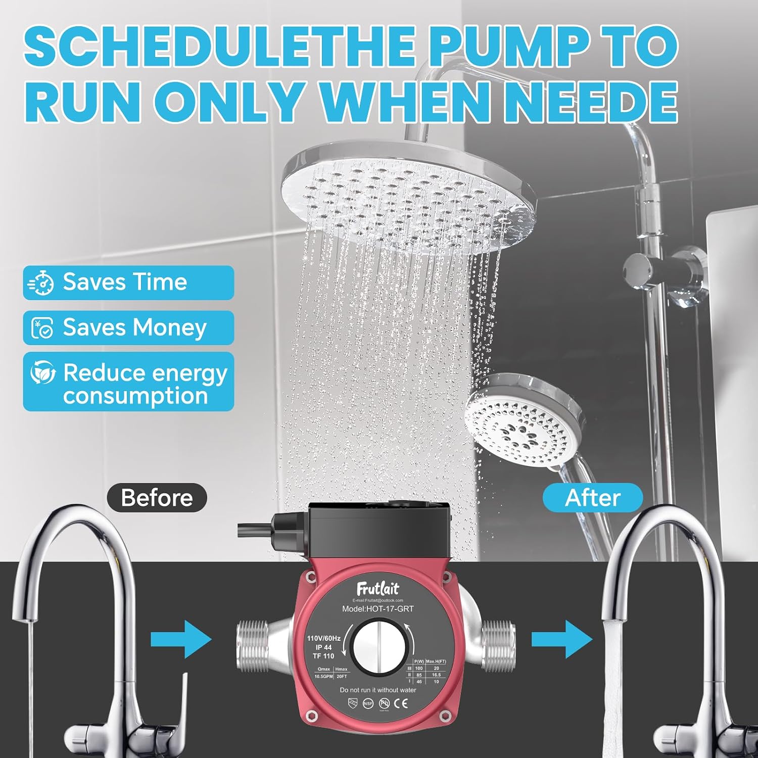 Hot Water Recirculating Pump Kit for Tank Water Heaters – 3-Speed Pump, Thermostatic Bypass Valve, WiFi Smart Plug, 2 Adapters, 1/2' to 3/8' Food-Grade Hoses, Easy DIY Install