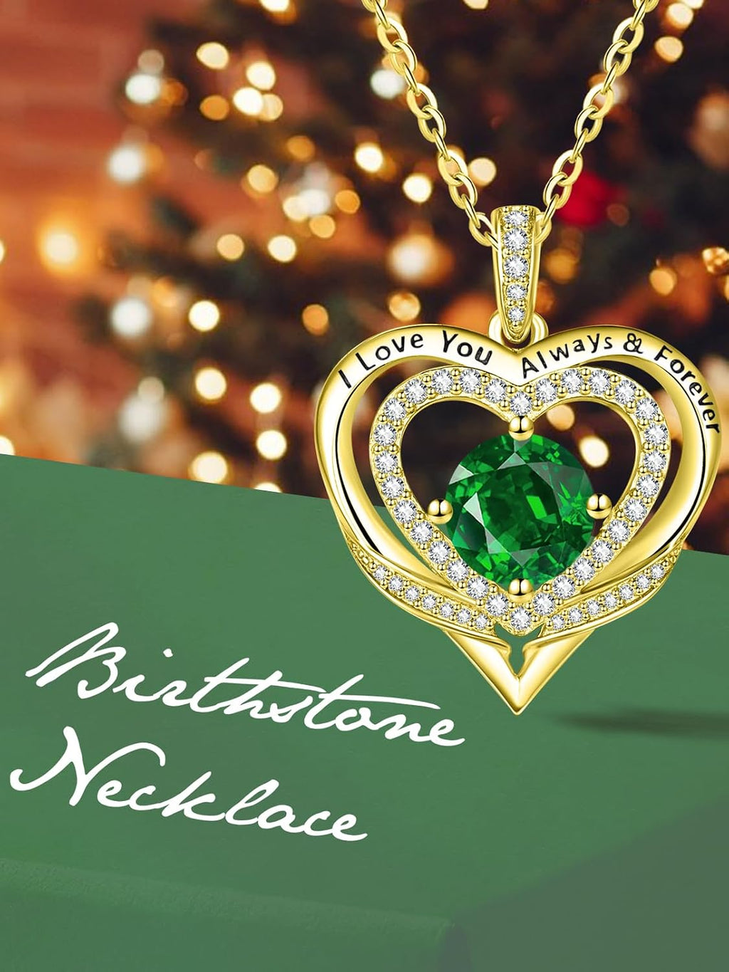 14K Gold Heart Necklaces for Women with Birthstone Pendant ，Double Hearts Necklace Jewelry Gift for Girlfriend Mom Anniversary Birthday Adjustable Chain 18' + 2' 'I Love You Always & Forever