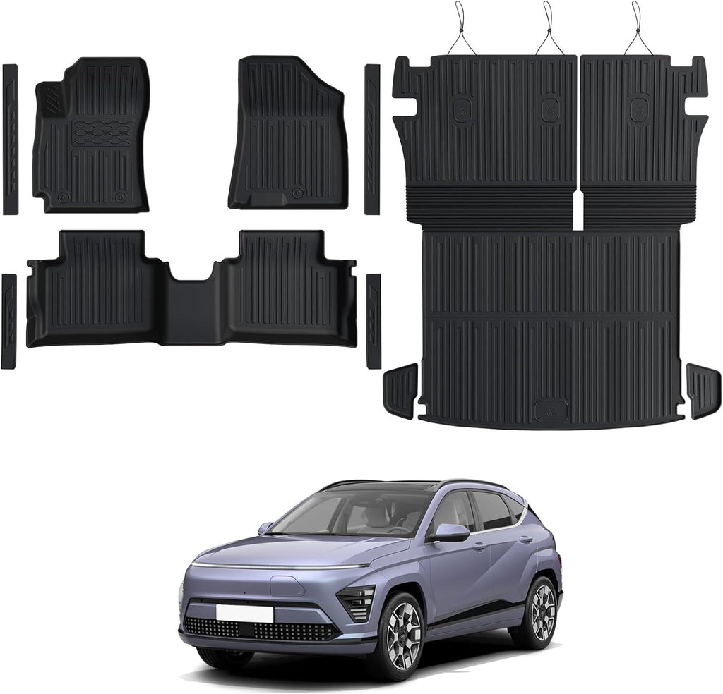 Floor Mats for Hyundai Kona Gas 2024-2026, All Weather Floor Mats Trunk Cargo Liner with Backrest Protectors and Door Sill Guards Accessories, Full Coverage Set