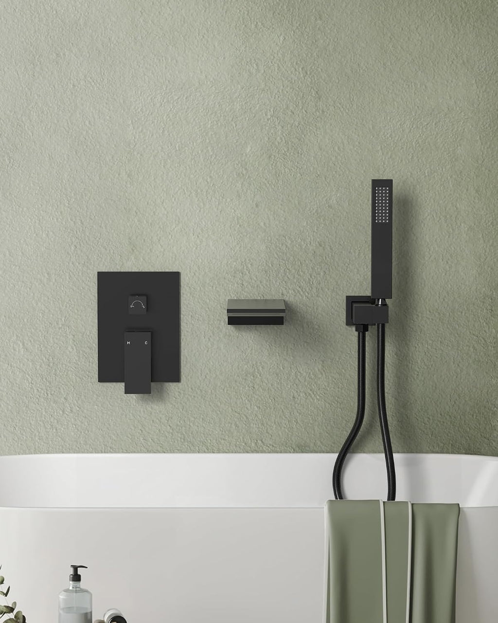 Wall Mounted Bathtub Shower Faucet Set, Bathroom Shower Fixtures Set Combo with Tub Spout and Handheld Shower Head Spray, Matte Black