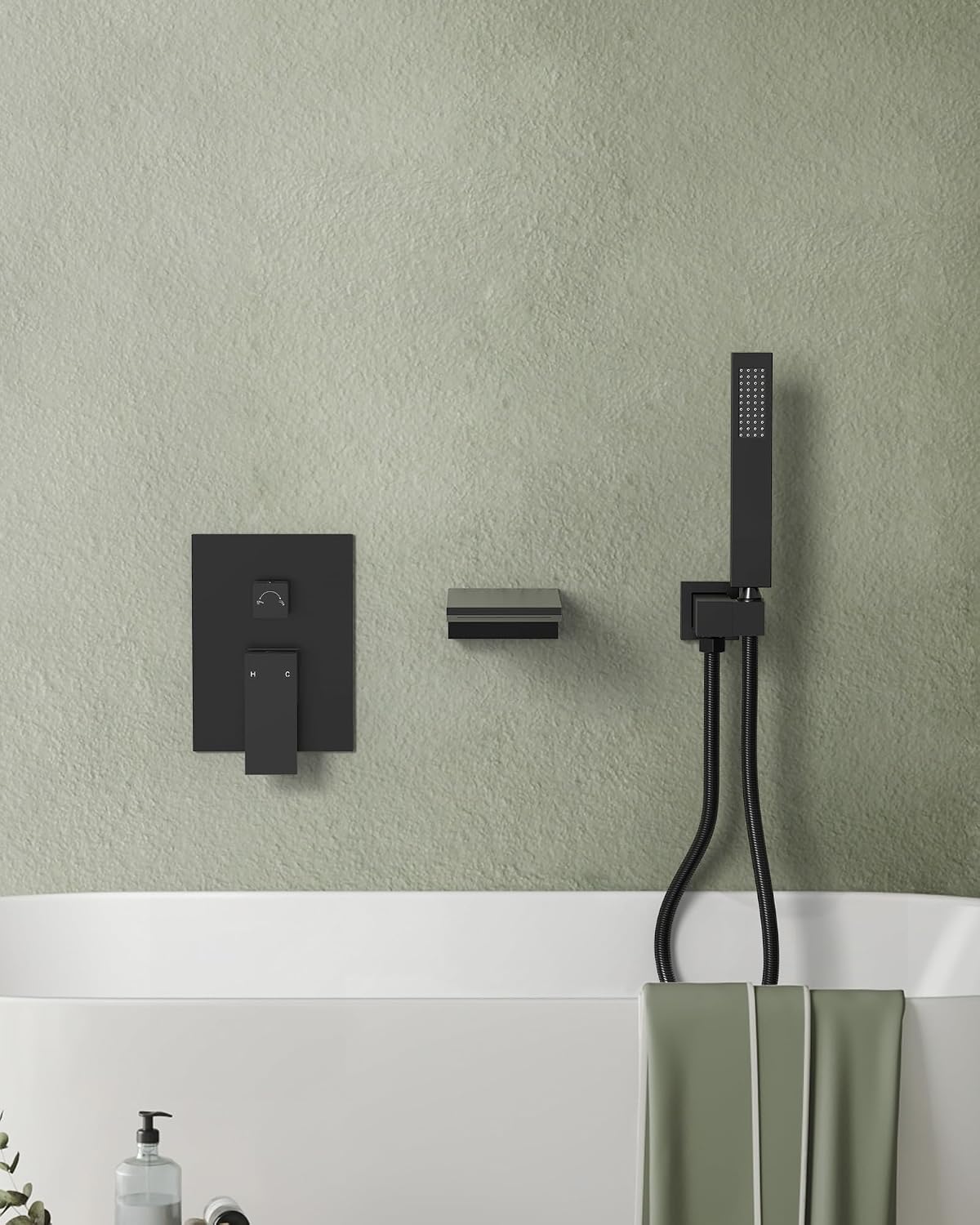 Wall Mounted Bathtub Shower Faucet Set, Bathroom Shower Fixtures Set Combo with Tub Spout and Handheld Shower Head Spray, Matte Black