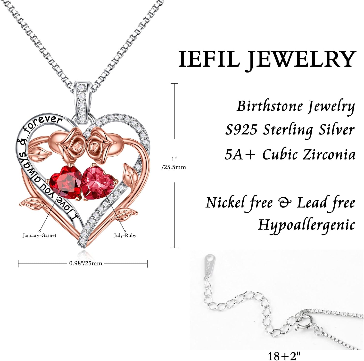 Iefil Rose Heart Double Birthstone Necklace Gifts for Wife Girlfriend Her Women, Birthstone Jewelry Gemstone Birthday Gifts for Mom Grandma Her Wife Women
