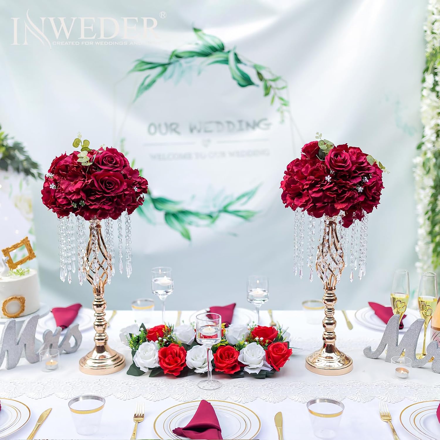 Red Roses Flowers Balls for Centerpieces: 10 PCS 11.8' Diam Flower Centerpieces for Tables in Wedding Reception Decorations Arrangement for Party Celebration Planners