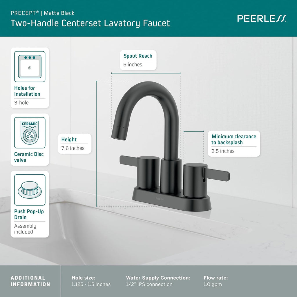 Peerless Precept Centerset Bathroom Faucet, Matte Black 3-Hole Bathroom Faucet, Bathroom Sink Faucet, Push-Pop Drain Assembly, Matte Black P2530LF-BL