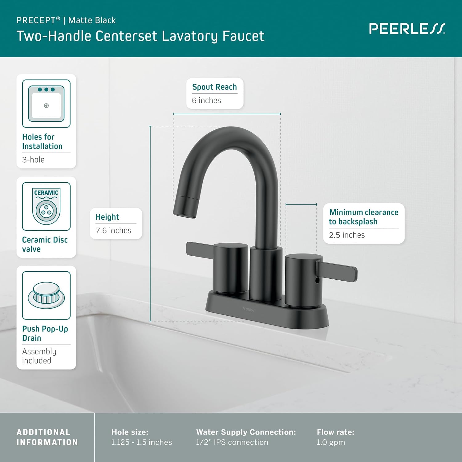 Peerless Precept Centerset Bathroom Faucet, Matte Black 3-Hole Bathroom Faucet, Bathroom Sink Faucet, Push-Pop Drain Assembly, Matte Black P2530LF-BL