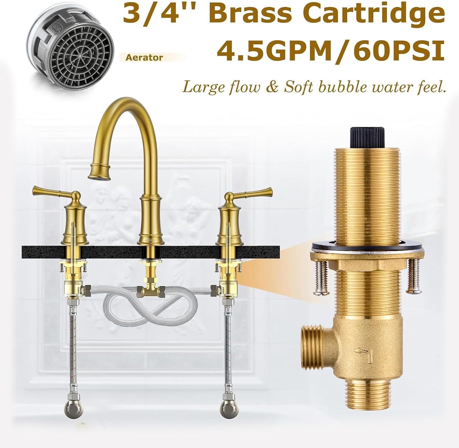 Brushed Gold Roman Tub Faucet, Antique Bathtub Faucet Set 3 Hole, High Flow Bath Tub Faucet 12-16 inch Widespread, Solid Brass Tub Filler 2 Handle 360° Swivel Spout Rough-in Valve(B2307-BG)