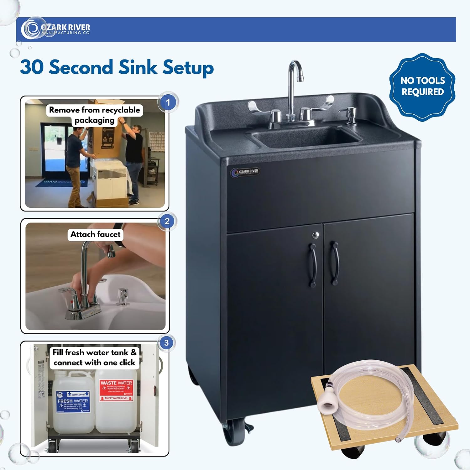 Ozark River Portable Sinks Premier Black & Fill-n-Roll Dolly Kit Bundle, Black Laminate-ABS, Portable Sink with Hot Water, Self-Contained Sink, Portable Hand Washing Station, 110V