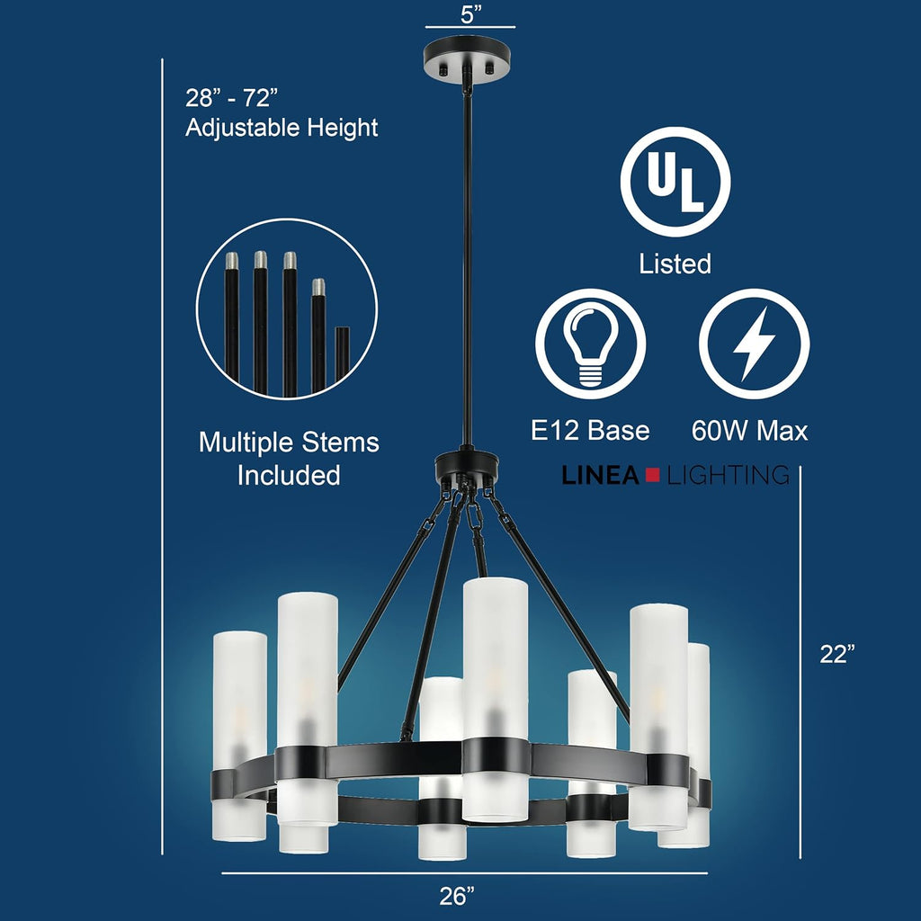 Linea di Liara Teramo Matte Black Chandelier Dining Room Light Fixture Small Wagon Wheel Chandelier Round Industrial Modern Farmhouse Chandeliers for Dining Room Foyer, Frosted Glass, UL Listed