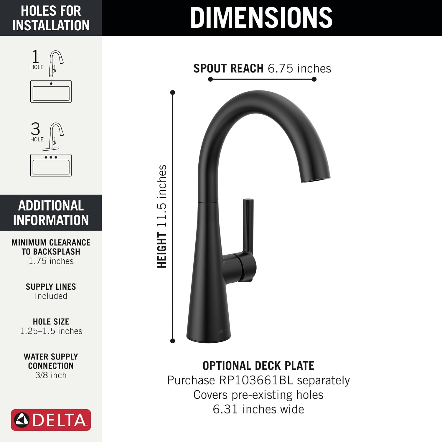 Delta Modern Matte Black Single Hole Bar Sink Faucet, Single Handle Prep Sink Faucet, Matte Black 14882LF-BL