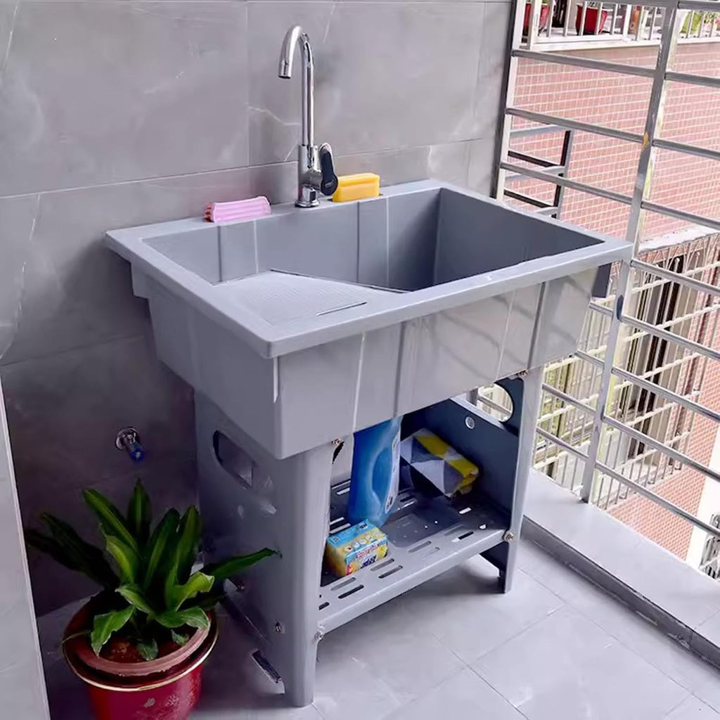RYTM 31.5'' Plastic Utility Laundry Sink, Freestanding Outdoor Sink Laundry Tub with Washboard, Portable Hand Washing Station with Cold & Hot Water Faucet and Soap Dispenser, Gray