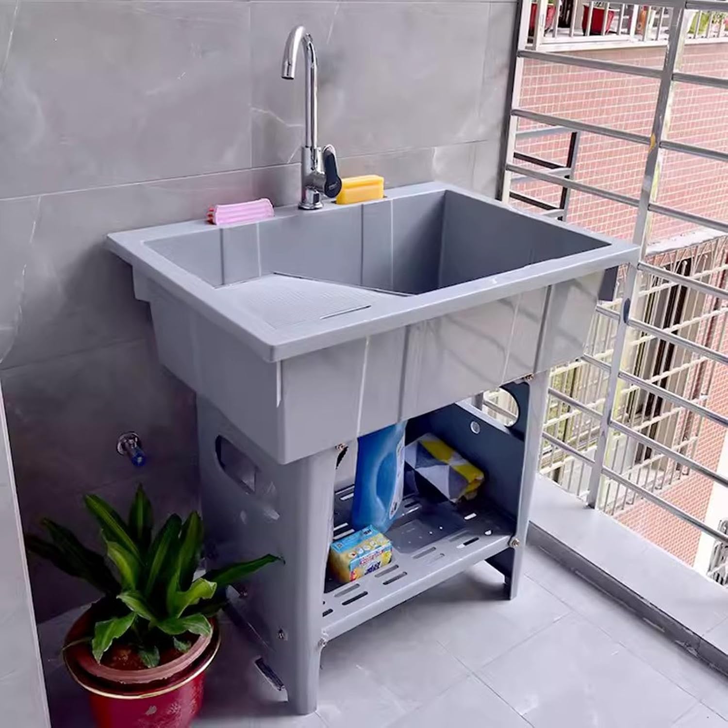 RYTM 31.5'' Plastic Utility Laundry Sink, Freestanding Outdoor Sink Laundry Tub with Washboard, Portable Hand Washing Station with Cold & Hot Water Faucet and Soap Dispenser, Gray