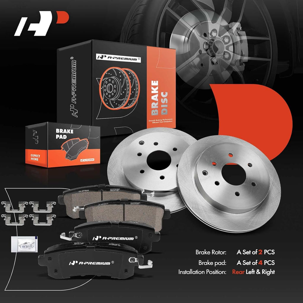 A-Premium 13.78 inch (349.8mm) Rear Vented Disc Brake Rotors + Ceramic Pads Kit Compatible with Select Nissan, Infiniti Models - Armada 2017-2019, QX80 2014-2019, QX56 2011-2013, 6-PC Set