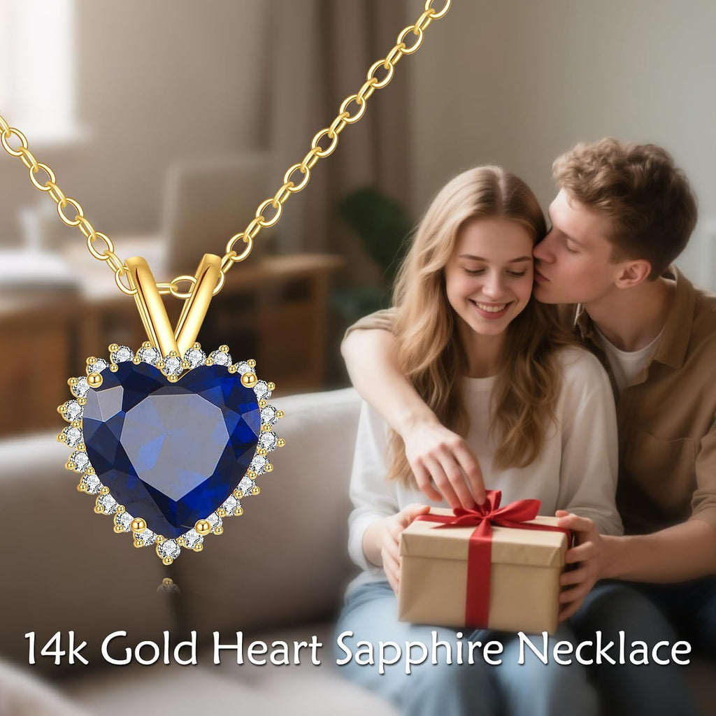 ELFRONT 14k Real Gold Heart Sapphire/Ruby Necklace Heart Stone Pendant Solid Gold Jewelry For Women Female Lover Mother Gifts