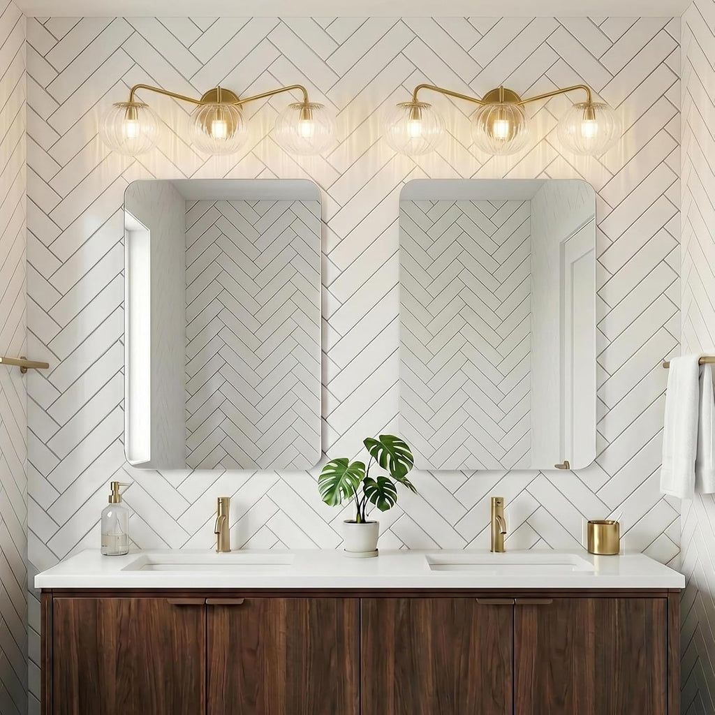 ANDY STAR Brushed Gold Vanity Lights, 3 Light Bathroom Light Fixtures with Clear Pumpkin-Ribbed Glass Globe Shade, Brass Vintage Striped Wall Lights, Up or Down, G9 Base (No Bulbs)
