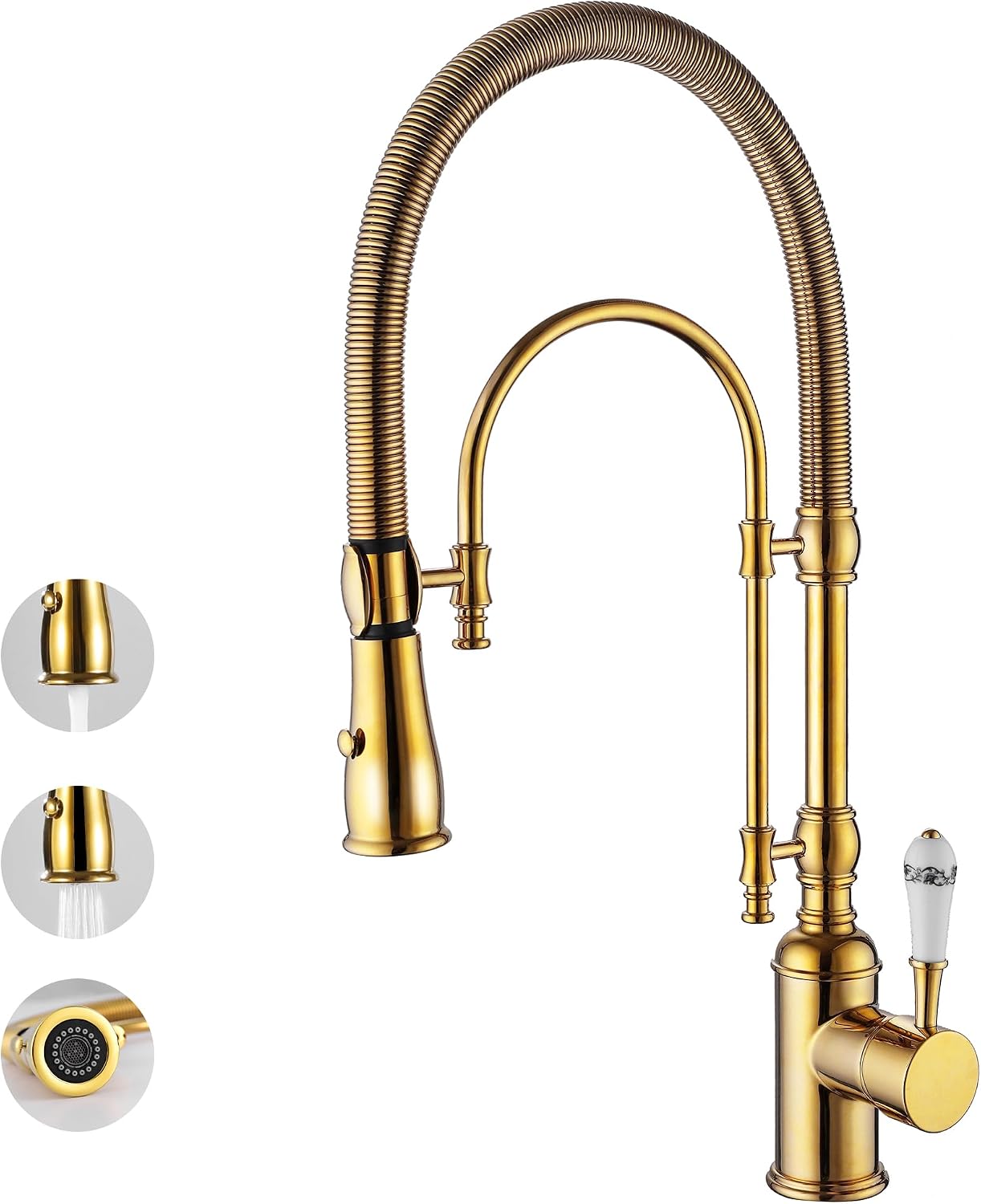 Classical High Arc Single Handle Spring Kitchen Faucet with Pull Down Spray, Swiveling Commercial Single Handle Kitchen Sink Faucets for Farmhouse, Gold