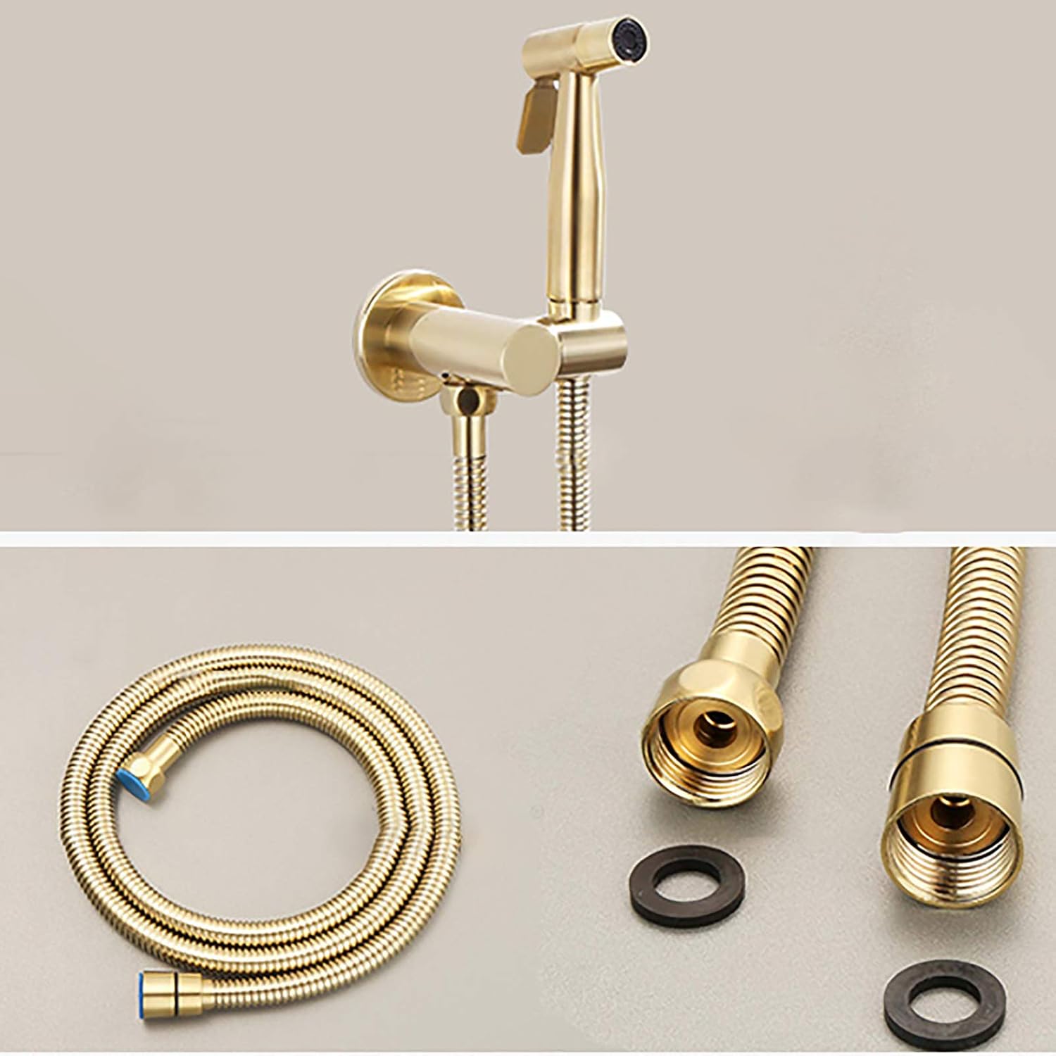 Handheld Bidet Sprayer for Toilet, Brushed Gold Wall Mounted Bathroom Cloth Diaper Set with Cold and Hot Water, Brass Kit for Personal Hygiene