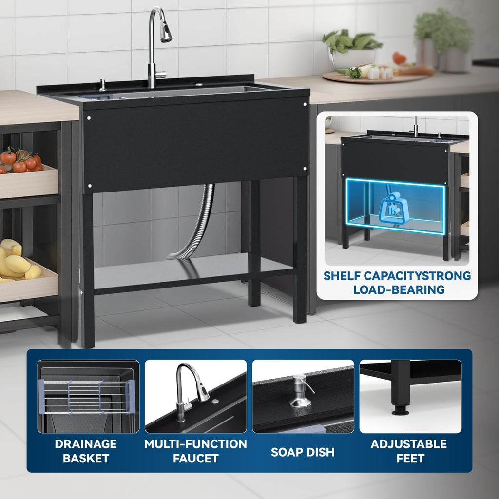 36' Freestanding Utility Sink, Heavy Duty Stainless Steel Laundry Room Sink for Garage, Outdoor Kitchen or Workshop, Modern Black Basin with Hot & Cold Water, Indoor/Outdoor Use (Black)