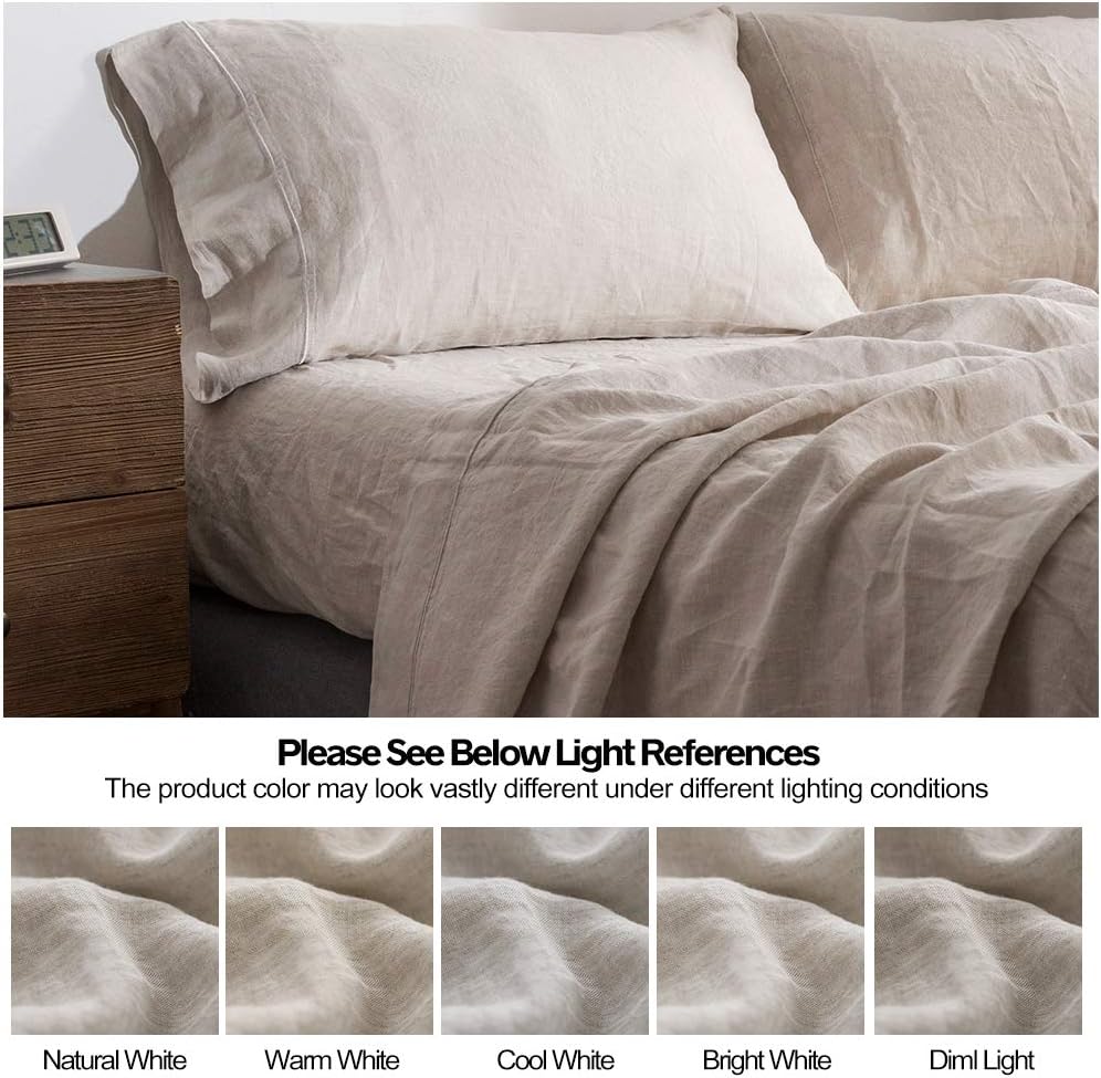 Simple&Opulence 100% Pure Linen Sheet Set Twin Size, Natural French Flax Solid Color 3 Pcs Washed Breathable, Farmhouse Bedding (1 Flat Sheet,1 Fitted Sheet,1 Pillowcase)-Embroidery Linen