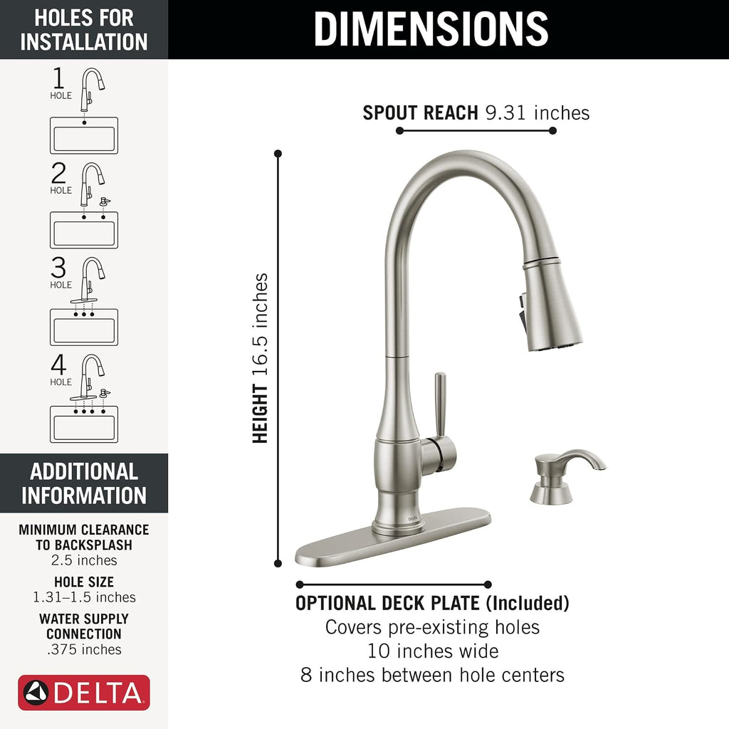 Delta Hazelwood Brushed Nickel Kitchen Faucet with Pull Down Sprayer and Soap Dispenser, Modern Single Hole Kitchen Sink Faucet, Single Handle, Spotshield Stainless 19831Z-SPSD-DST