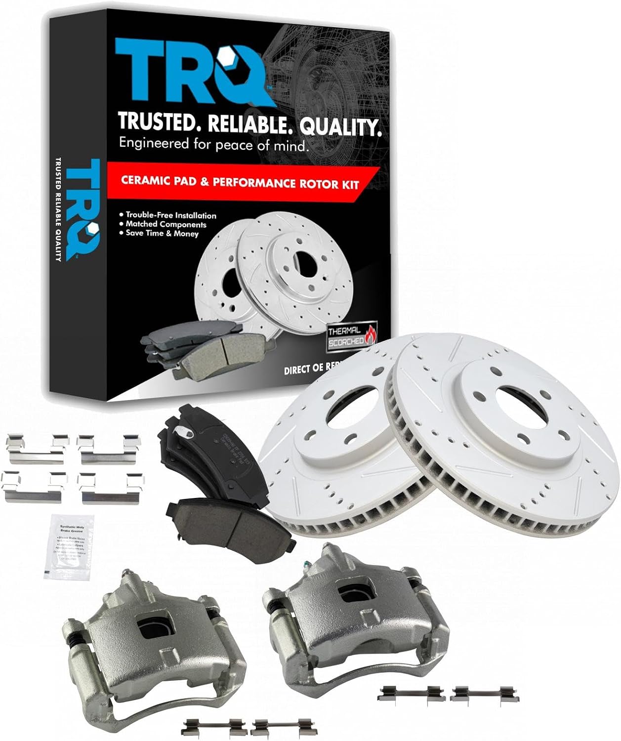 TRQ Performance Front Brake Pad and Rotor Set Ceramic Coated Drilled Rotors Calipers Compatible with 97-04 Buick Park Avenue 97-05 Cadillac DeVille Eldorado Seville 00-05 Chevrolet Impala Monte Carlo