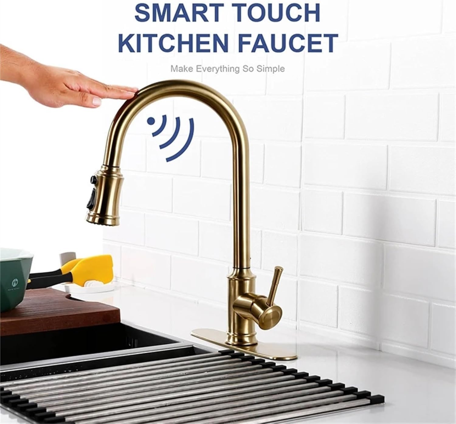 Smart Touch Kitchen Faucet Sensor Mixer Tap Pull Down Spray Swivel Deck Mount Hot Cold Water Single Handle(Brushed Gold)