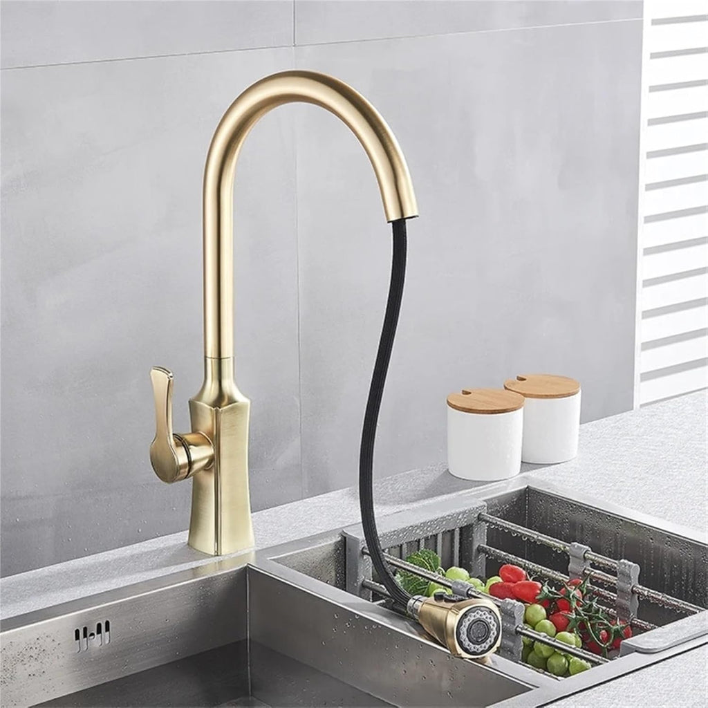 Kitchen Faucet Pull Out 2 Function Head Kitchen Sink Mixers Deck Mounted Spring Mixer Faucet(Brushed Gold)