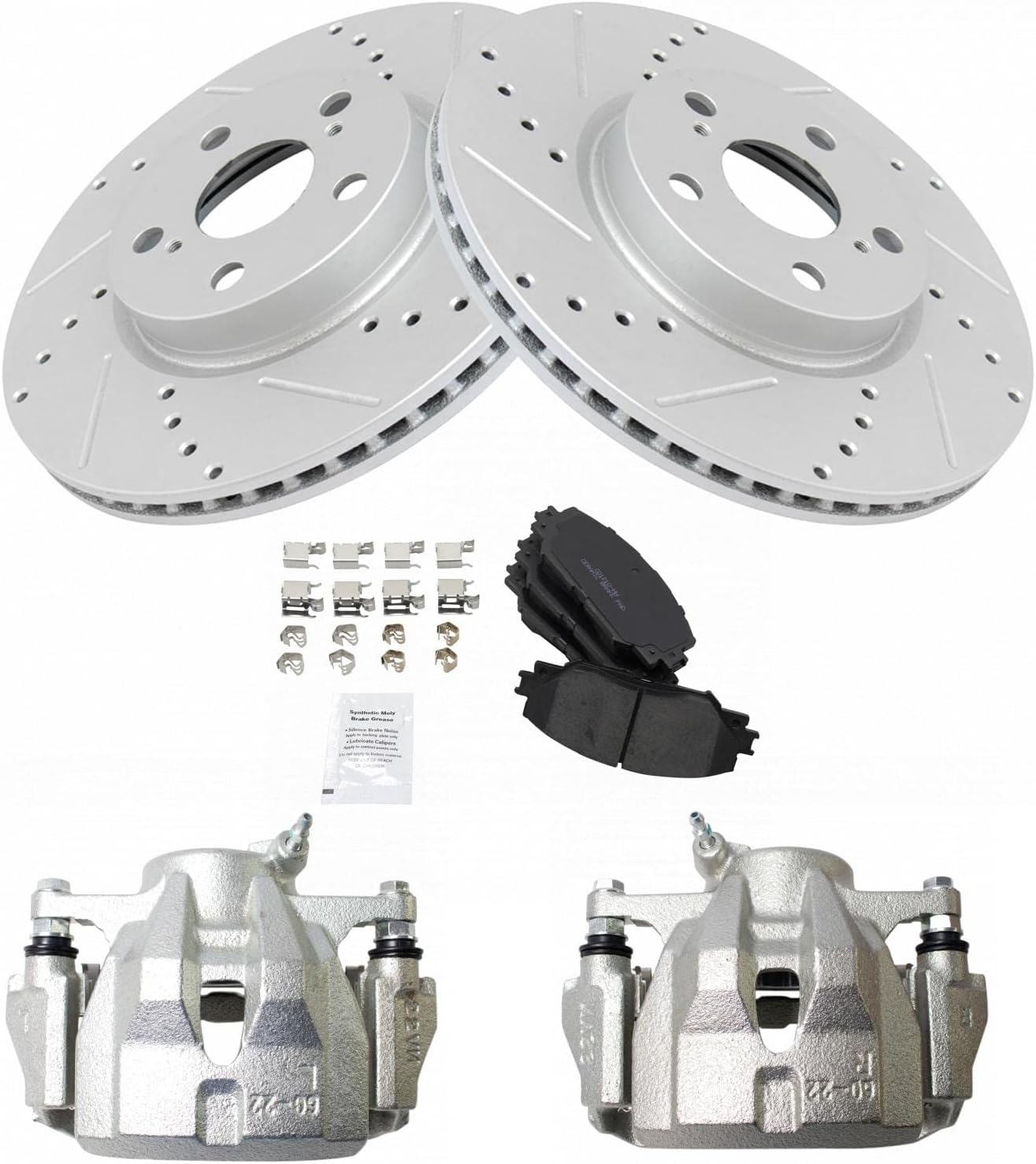 TRQ Performance Front Brake Pad and Rotor Set Ceramic Drilled Slotted Coated Vented Rotors Calipers Compatible with 2009-2018 Toyota Corolla 2009-2013 Matrix 2008-2014 Scion xD 2009-2010 Pontiac Vibe
