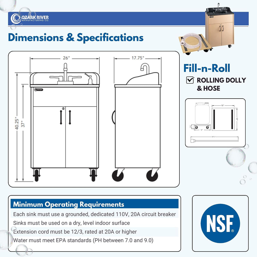 Ozark River Portable Sinks Premier Maple & Fill-n-Roll Dolly Kit Bundle, Maple Laminate-ABS, Portable Sink with Hot Water, Self-Contained Sink, Portable Hand Washing Station, 110V