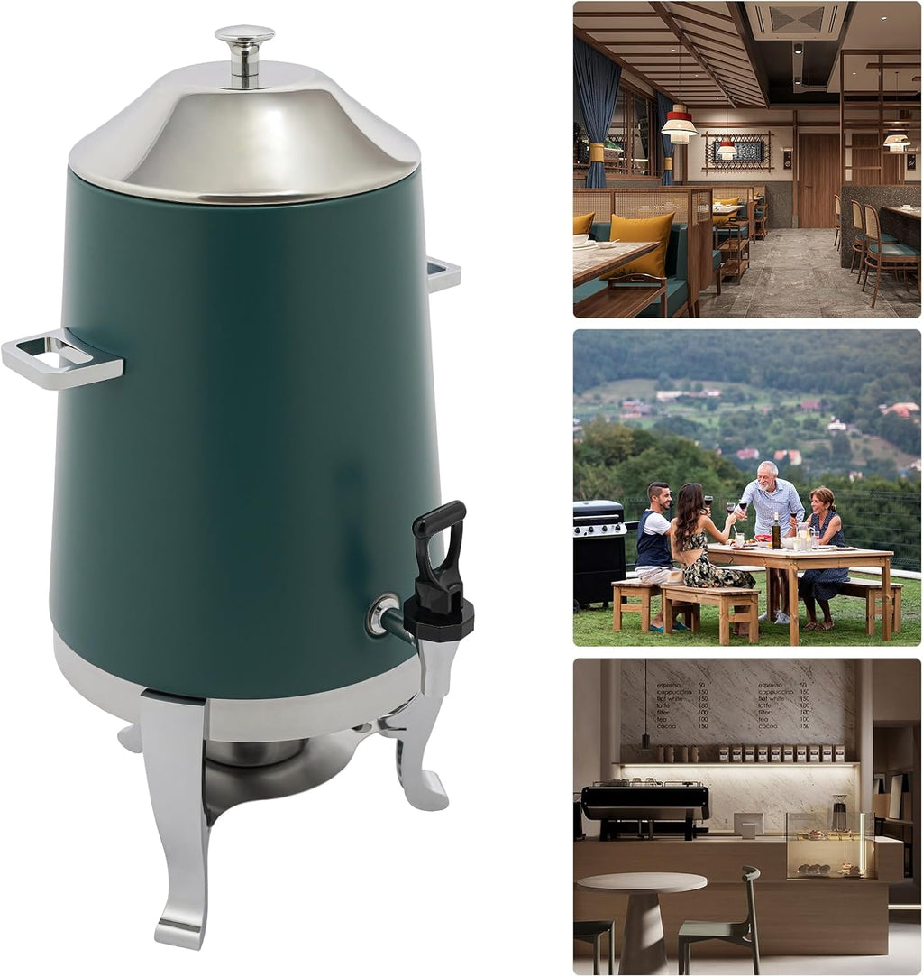 Coffee Urn With Fuel Holder, 3.5 Gallon/13L Stainless Steel Beverage Dispensers for Coffee Tea Hot Water, Hot Drink Dispenser with Stand, Chafer Urn with Spigot for Parties Catering (Green)