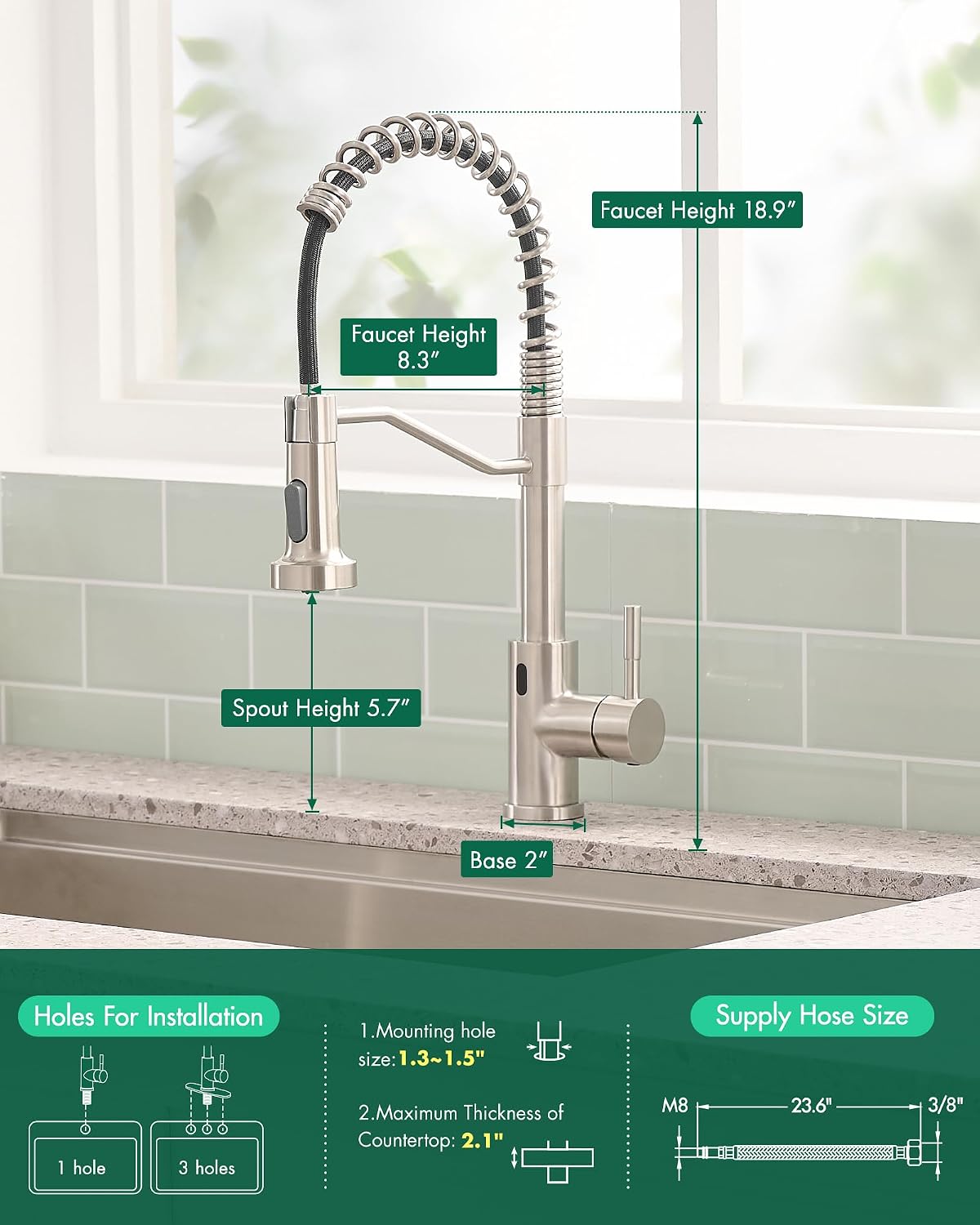 AIMADI Touchless Kitchen Faucet with Pull Down Sprayer,Brushed Nickel Motion Sensor Kitchen Sink Faucet,Smart Hands Free Stainless Steel Spring Faucets for Farmhouse RV Utility Sink,1 or 3 Hole