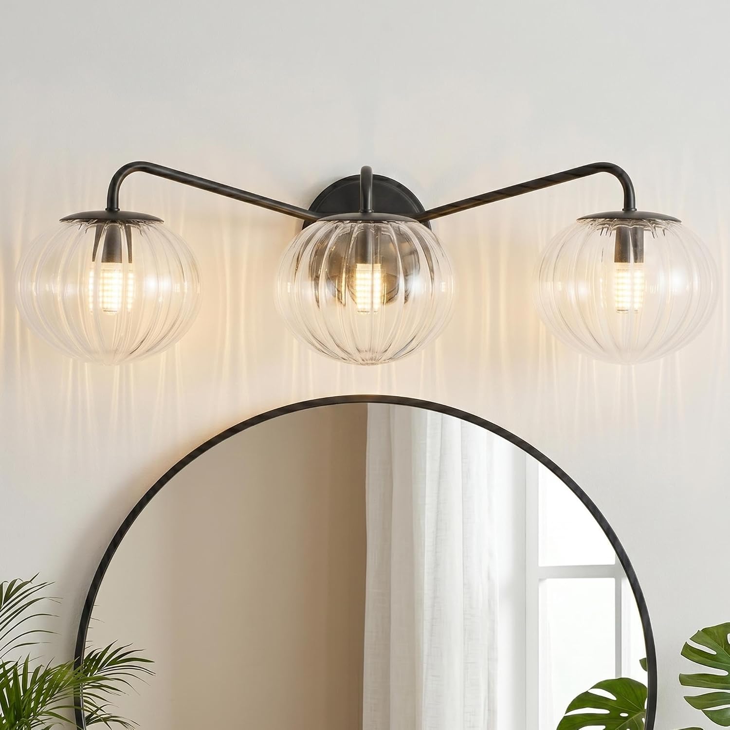 ANDY STAR Black Vanity Lights, 3 Light Bathroom Light Fixtures with Clear Pumpkin-Ribbed Glass Globe Shade, Classic Matte Black Striped Wall Lights for Over Mirror, G9 Base (No Bulbs)