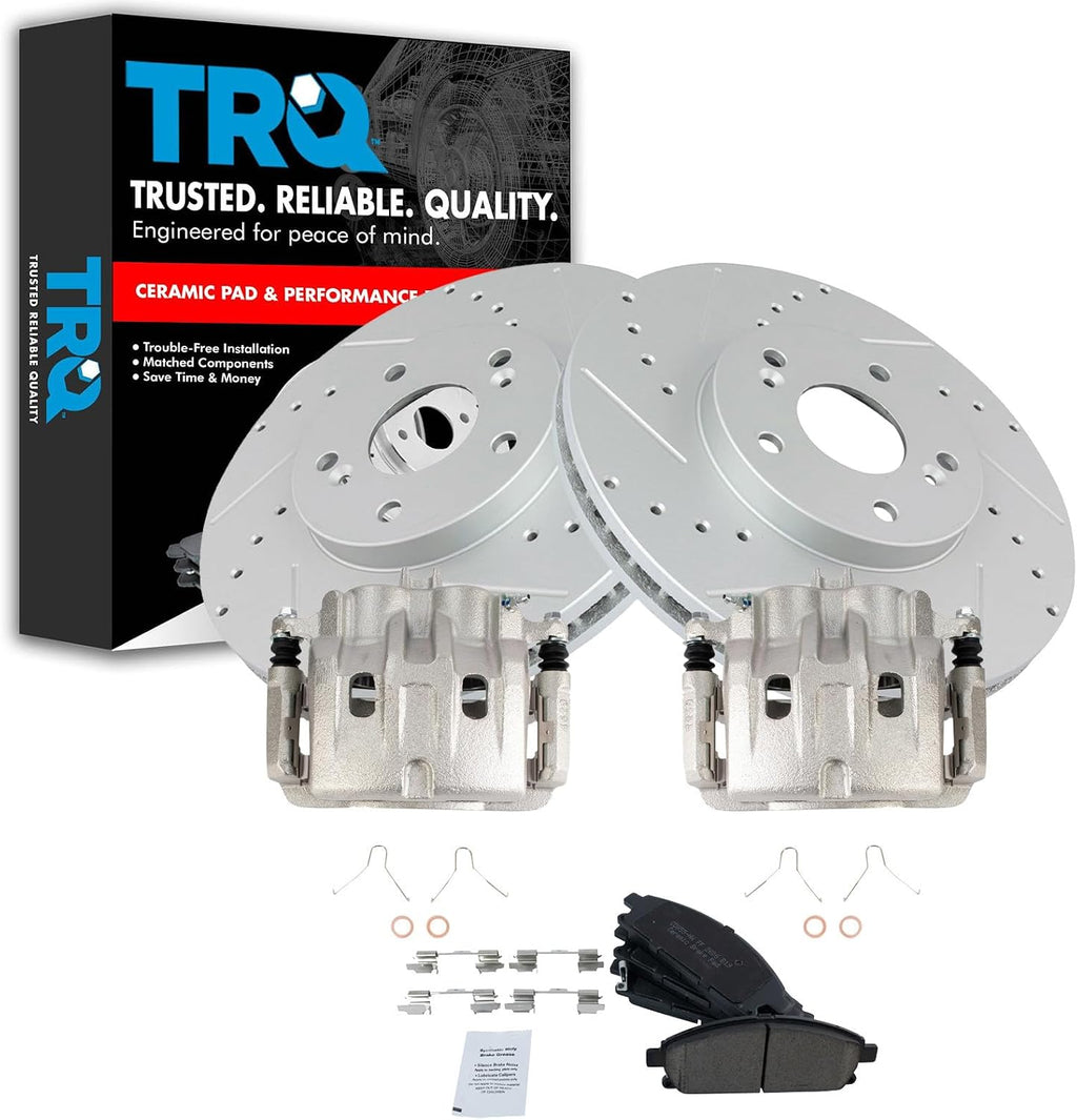 TRQ Performance Front Brake Pad and Rotor Set Ceramic Coated Drilled Slotted Rotors Calipers Compatible with 2006-2006 Acura MDX