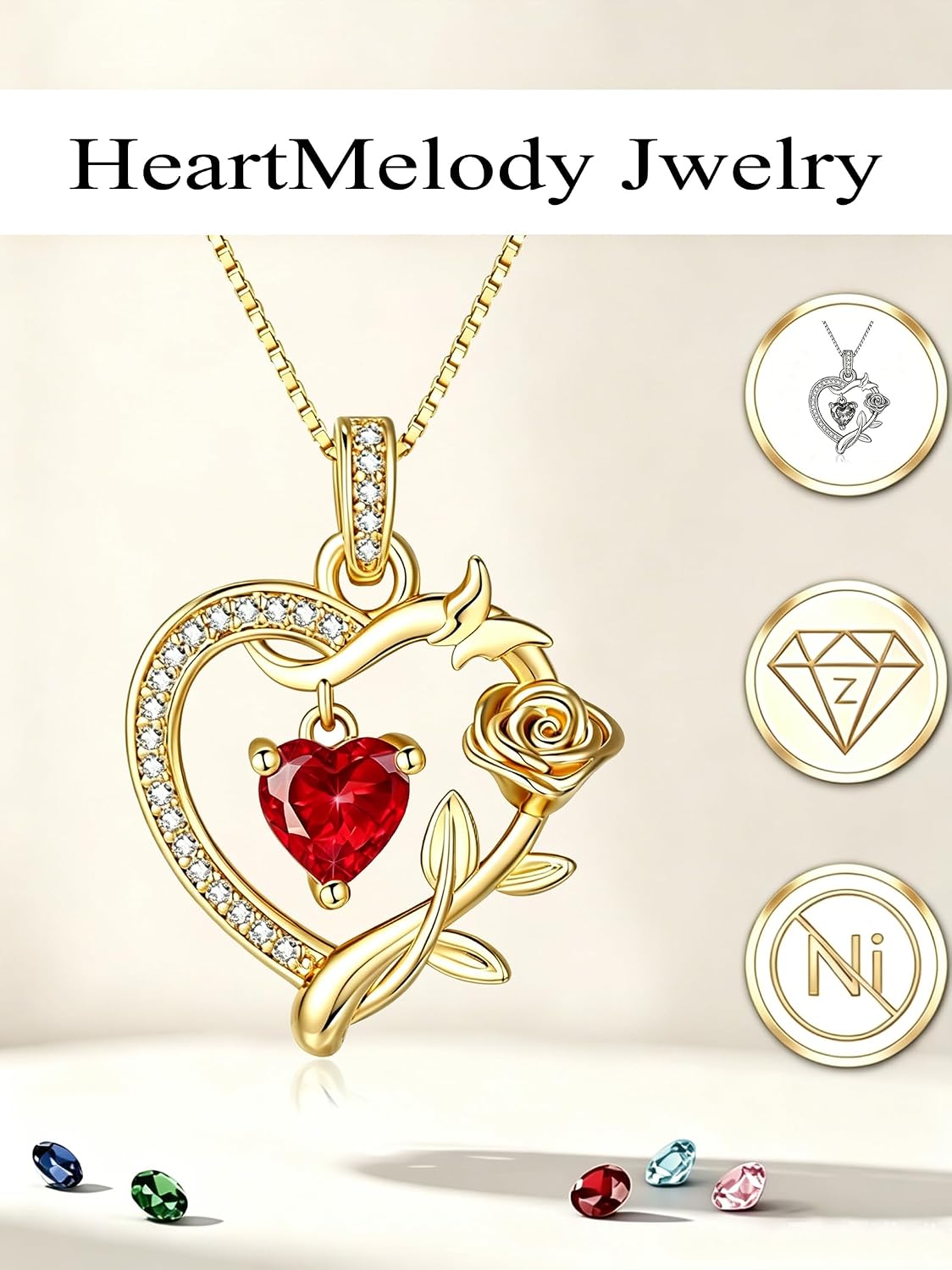 HeartMelody Heart Necklaces for Women Gold,14k 18K White Gold Plated Dainty Rose Butterfly Necklace with Garnet Birthstone Pendant Necklace Everyday Jewelry Birthday Christmas Gifts for Women Mom Her