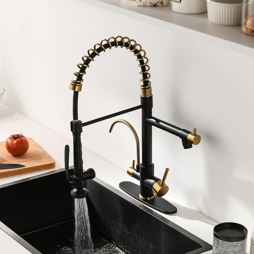 Fapully Commercial Kitchen Faucet with Pull Down Sprayer and Water Filter, Matte Black&Brushed Gold 3 in 1 Kitchen Faucets with Drinking Water Faucet for Kitchen Sink